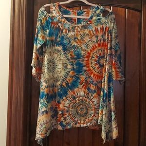 Tie dyed, cold shoulder, tunic.
